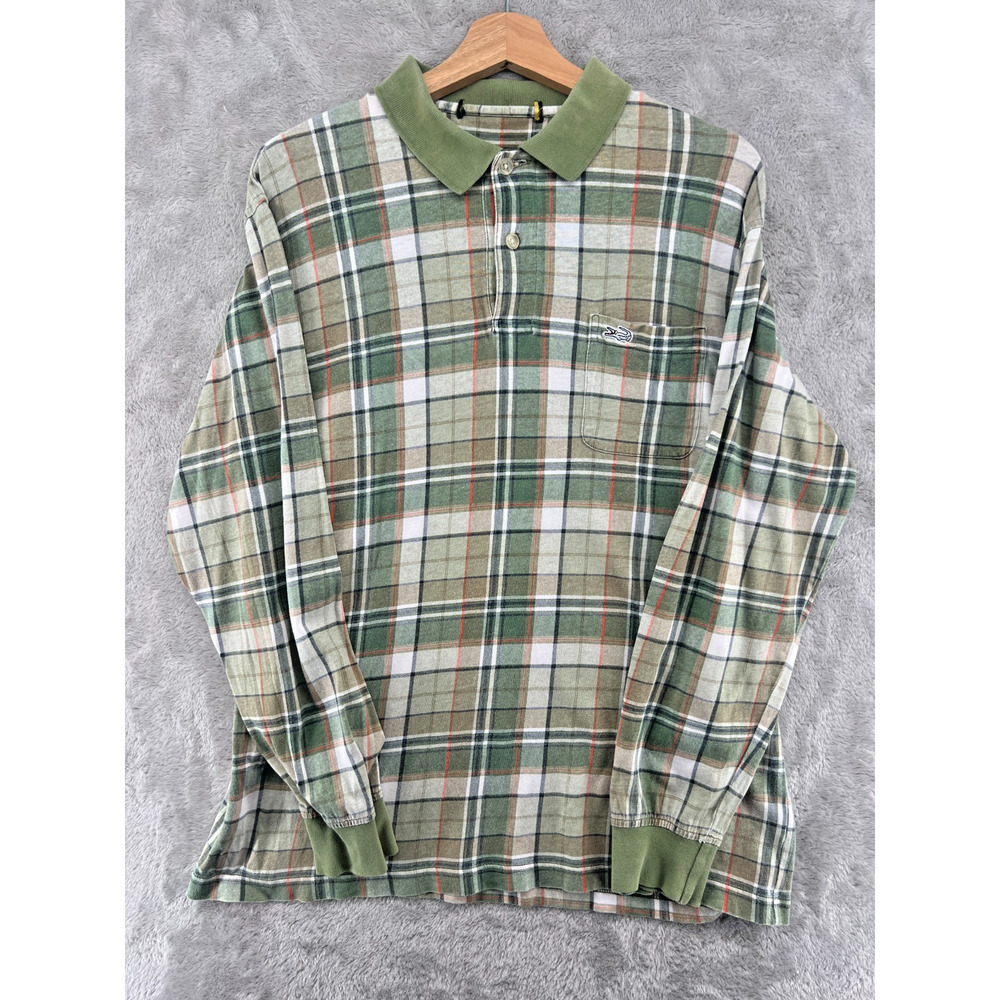 Vintage Plaid Long Sleeve Polo Shirt Green Beige Grunge Prep Golfcore XL